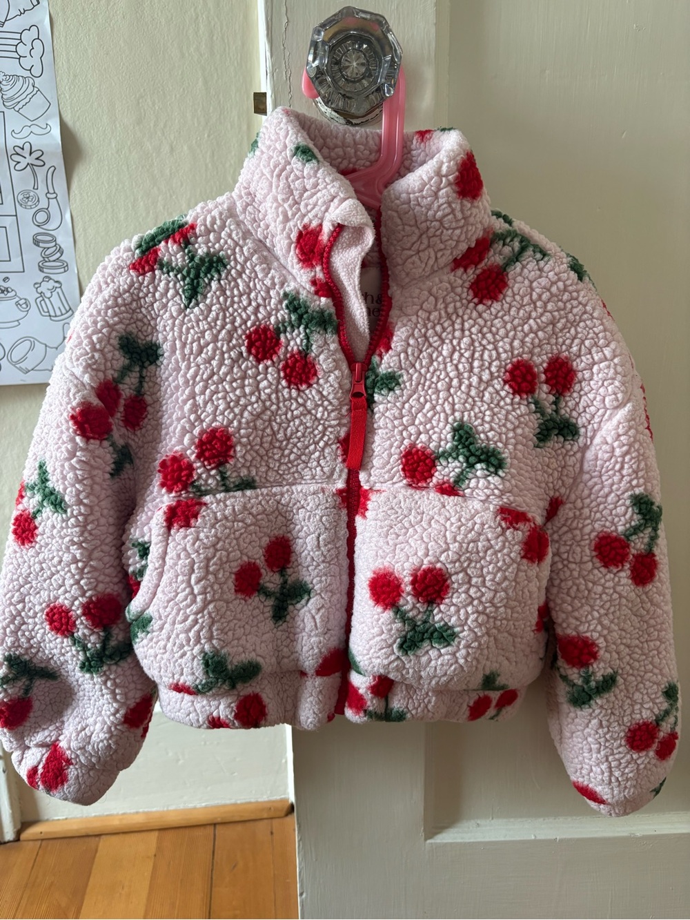 Pink Fleece Kids' Jacket with Red Cherry Print
